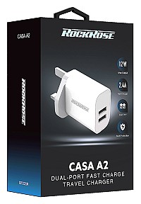 ROCKROSE φορτιστής τοίχου για πρίζα UK Casa A2, 2x USB, 2.4A 12W, λευκός RRTC02UK