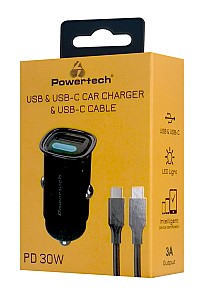 POWERTECH φορτιστής αυτοκινήτου PT-1229, καλώδιο, USB/USB-C, 30W, μαύρος PT-1229