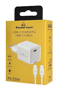 POWERTECH φορτιστής τοίχου PT-1225 με καλώδιο, USB-C, 33W, GaN, λευκός PT-1225