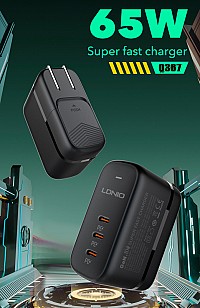 LDNIO φορτιστής τοίχου Q367 με καλώδιο USB-C, 3x USB-C, 65W, GaN, μαύρος 6933138601396