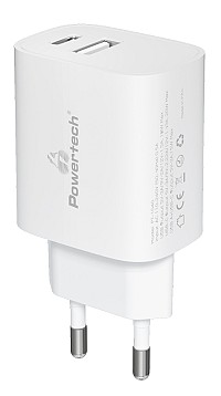 POWERTECH φορτιστής τοίχου PT-1040, USB & USB-C, PD QC3.0, 20W, λευκός PT-1040