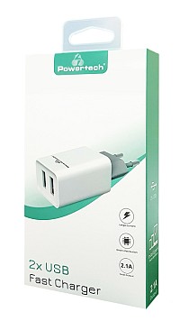 POWERTECH φορτιστής τοίχου PT-778, 2x USB, 2.1A, λευκός PT-778