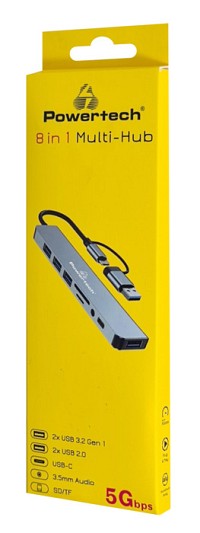 POWERTECH USB hub PTR-0151 με card reader, 8 θυρών, USB & USB-C, γκρι PTR-0151