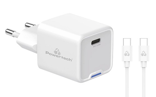 POWERTECH φορτιστής τοίχου PT-1225 με καλώδιο, USB-C, 33W, GaN, λευκός PT-1225