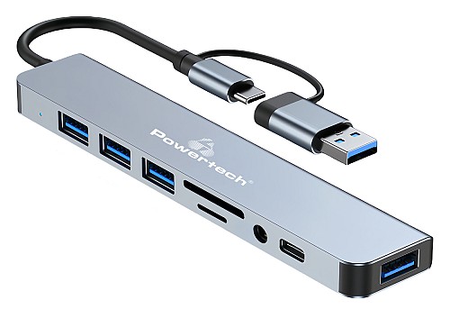 POWERTECH USB hub PTR-0151 με card reader, 8 θυρών, USB & USB-C, γκρι PTR-0151