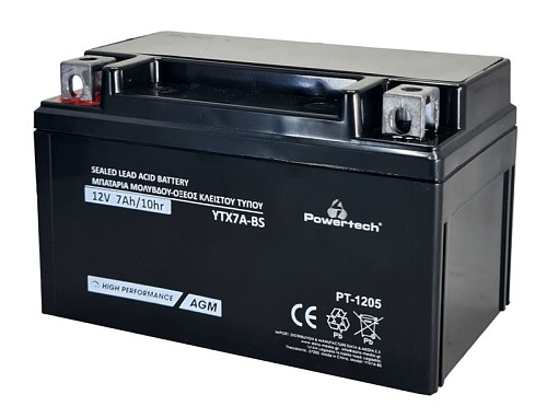 POWERTECH μπαταρία μολύβδου μοτοσυκλέτας PT-1205, 12V 7Ah, AGM, YTX7A-BS PT-1205