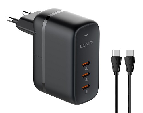LDNIO φορτιστής τοίχου Q367 με καλώδιο USB-C, 3x USB-C, 65W, GaN, μαύρος 6933138601396