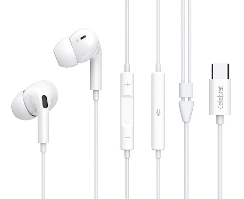 CELEBRAT earphones με μικρόφωνο E300, USB-C σύνδεση, Φ10mm, 1.2m, λευκά E300-WH