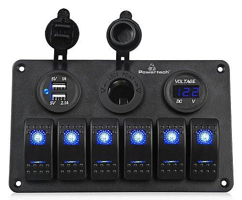 POWERTECH πάνελ σκαφών & οχημάτων PTL-020, πρίζα 12V/2x USB/6x διακόπτες PTL-020