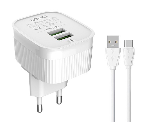LDNIO φορτιστής τοίχου A201 με καλώδιο USB-C, 2x USB, 12W, λευκός 6933138690215