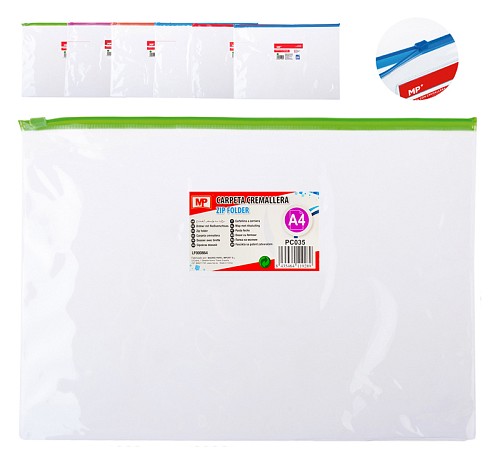 MP διάφανος φάκελος με zip PC035, Α4 21 x 29.7cm, διάφορα χρώματα PC035