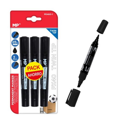 MP ανεξίτηλος μαρκαδόρος PE460-1, με 2x μύτες 2/5mm & 2mm, μαύρος, 3τμχ PE460-1