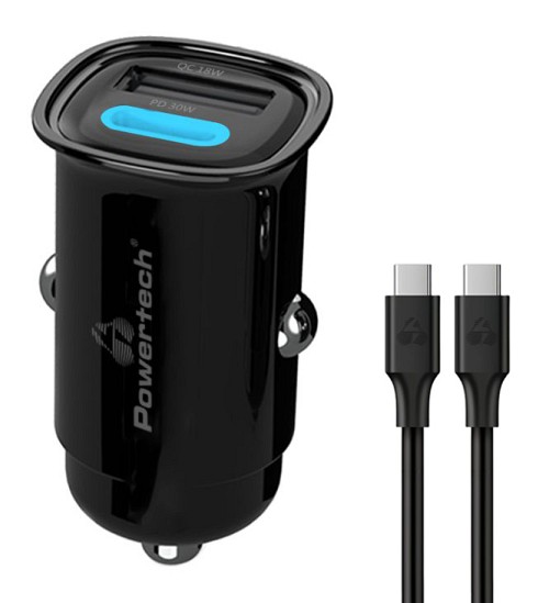 POWERTECH φορτιστής αυτοκινήτου PT-1229, καλώδιο, USB/USB-C, 30W, μαύρος PT-1229
