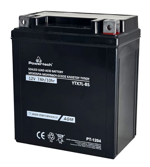 POWERTECH μπαταρία μολύβδου μοτοσυκλέτας PT-1204, 12V 7Ah, AGM, YTX7L-BS PT-1204
