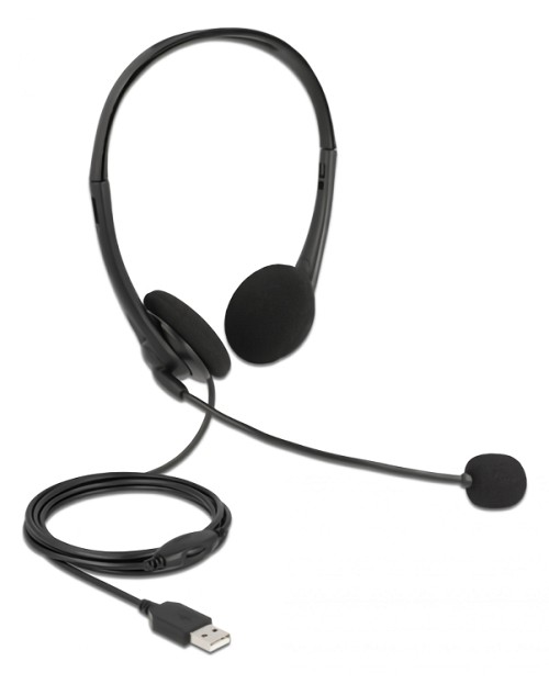 DELOCK headphones με μικρόφωνο 27179, stereo, USB, volume control, μαύρα 27179