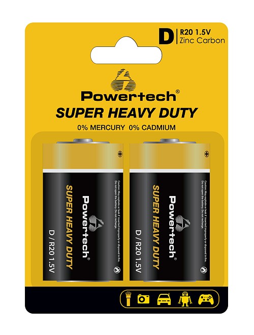 POWERTECH μπαταρίες Zinc Carbon Super Heavy Duty PT-1222, R20 1.5V, 2τμχ PT-1222