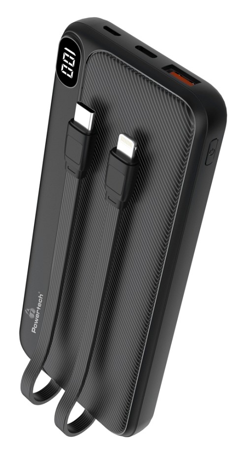 POWERTECH power bank με καλώδια και οθόνη PT-1063 10000mAh, 22.5W, μαύρο PT-1063