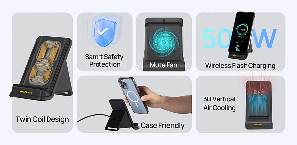 ULEFONE ασύρματος φορτιστής & βάση smartphone WCS01, 50W, μαύρος WCS01