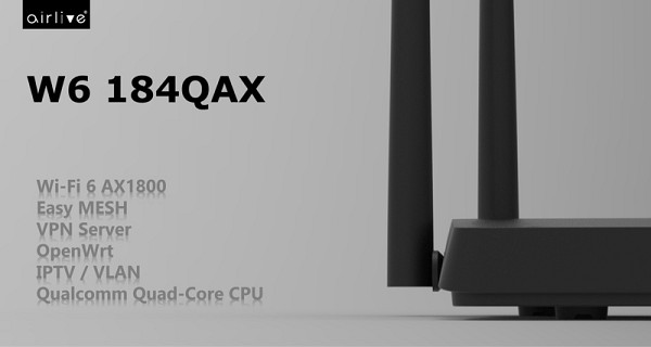 AIRLIVE mesh router W6184QAX, Wi-Fi 6, 1800Mbps AX1800, 4x Gigabit ports W6184QAX