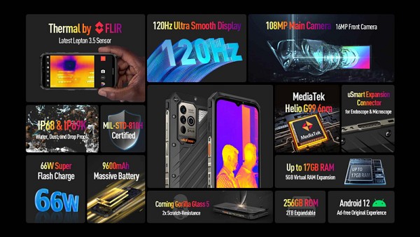 ULEFONE smartphone Power Armor 19T, 6.58, 12/256GB, 9600mAh, μαύρο ARMOR19T-BK