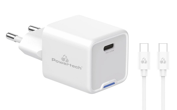 POWERTECH φορτιστής τοίχου PT-1225 με καλώδιο, USB-C, 33W, GaN, λευκός PT-1225