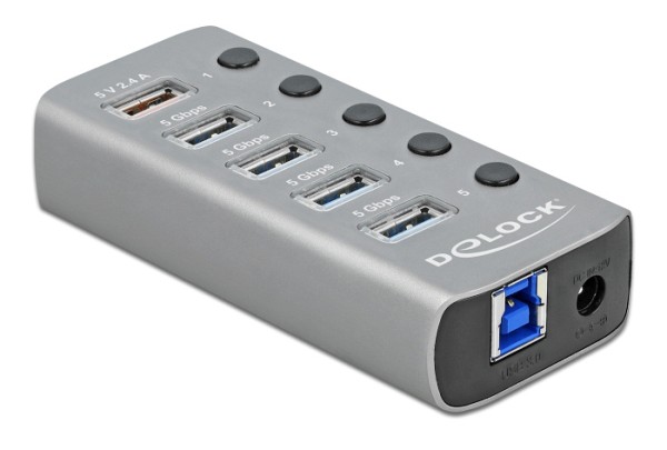 DELOCK USB hub 63262 με διακόπτες, 5x θυρών, 5Gbps, 2.4A, γκρι 63262