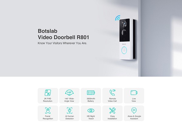 BOTSLAB smart κουδούνι με κάμερα R801, 3MP/2K, WiFi, 5000mAh R801