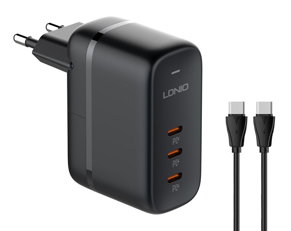 LDNIO φορτιστής τοίχου Q367 με καλώδιο USB-C, 3x USB-C, 65W, GaN, μαύρος 6933138601396