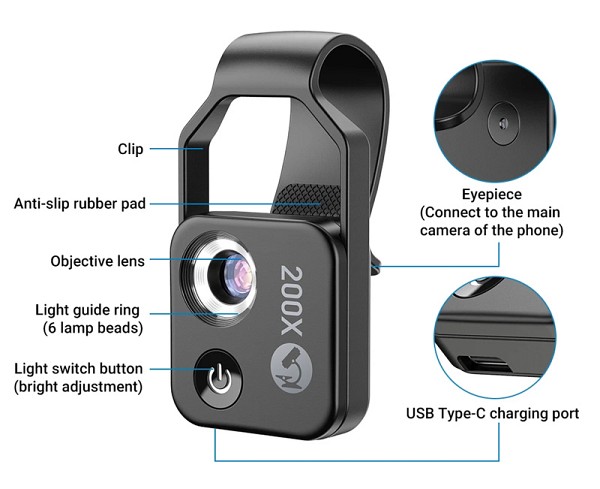 APEXEL φακός μικροσκόπιο APL-MS002 για smartphone κάμερα, 200x zoom, LED APL-MS002