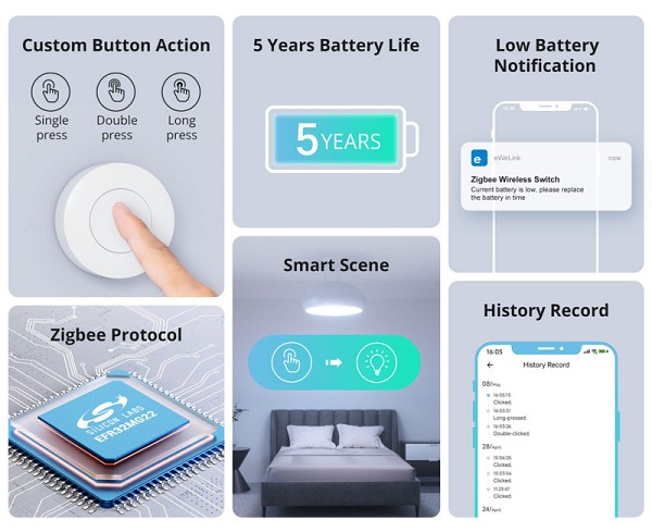 SONOFF smart διακόπτης SNZB-01P, μπαταρίας, Zigbee SNZB-01P