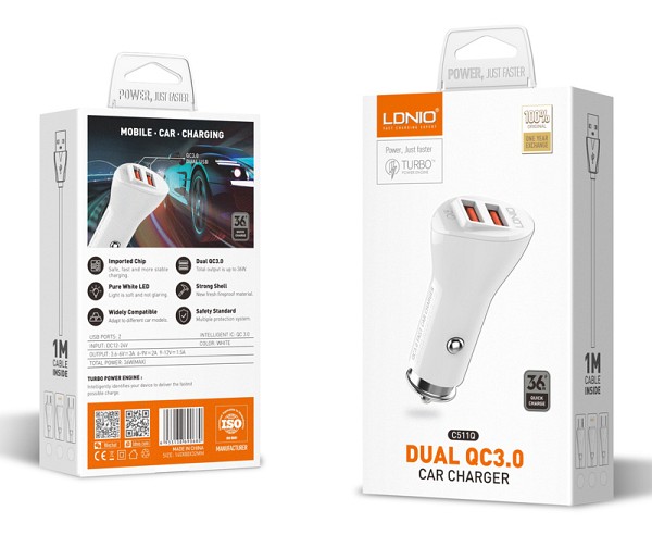 LDNIO φορτιστής αυτοκινήτου C511Q με καλώδιο, 2x USB, 36W, λευκός 6933138690680
