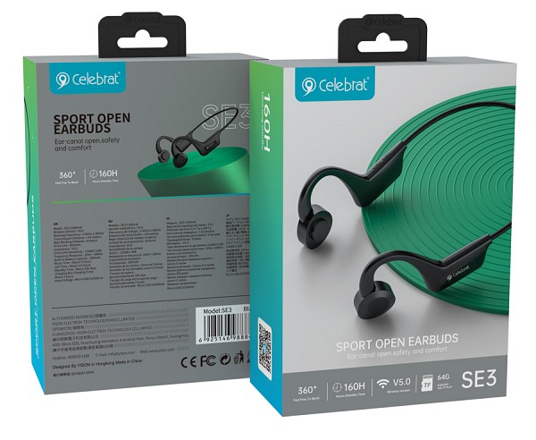 CELEBRAT open earphones SE3, Bluetooth 5.0, 180mAh, Φ16mm, μαύρα SE3-BK