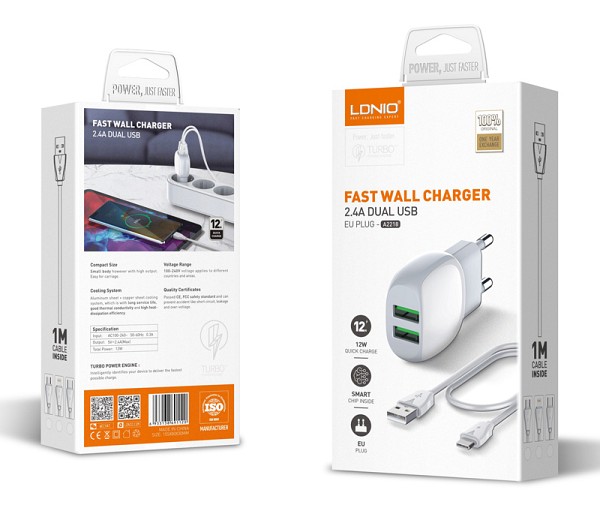 LDNIO φορτιστής τοίχου A2218 με καλώδιο USB-C, 2x USB, 12W, λευκός 6933138691120