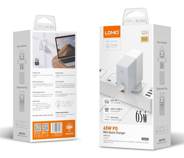 LDNIO φορτιστής τοίχου A2620C με καλώδιο, USB & USB-C, 65W PD, λευκός 6933138691137
