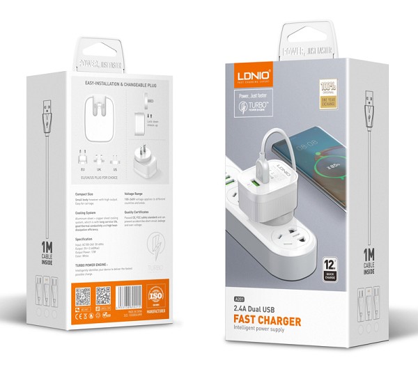 LDNIO φορτιστής τοίχου A201 με καλώδιο USB-C, 2x USB, 12W, λευκός 6933138690215