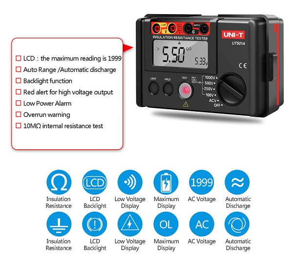 UNI-T Tester μόνωσης UT501A, 100V/250V/500V/1000V UT501A