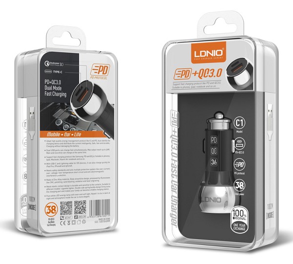 LDNIO φορτιστής αυτοκινήτου C1 με καλώδιο, USB & USB-C, 38W PD, μαύρος 6933138618011