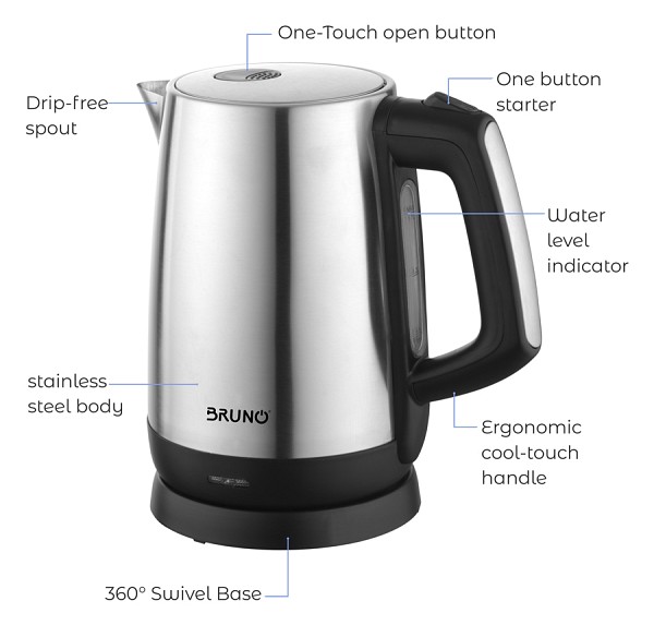 BRUNO Ηλεκτρικός βραστήρας BRN-0030, 2200W, 1.7lt, βάση 360° BRN-0030