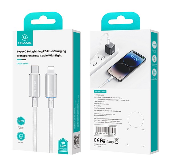 USAMS καλώδιο Lightning σε USB-C US-SJ659, 30W, 480Mbps, 1.2m, λευκό SJ659USB02