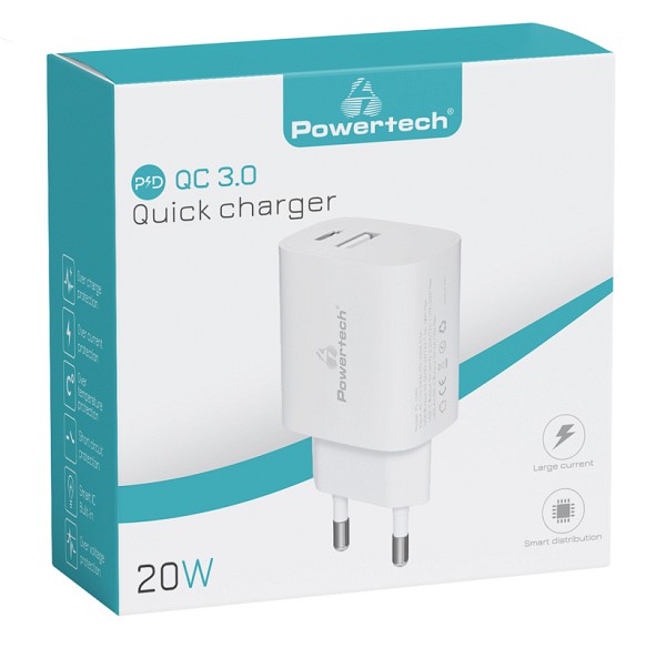 POWERTECH φορτιστής τοίχου PT-1040, USB & USB-C, PD QC3.0, 20W, λευκός PT-1040
