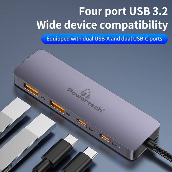 POWERTECH USB hub CAB-UC082, 4x θυρών, 10Gbps, USB-C σύνδεση, γκρι CAB-UC082