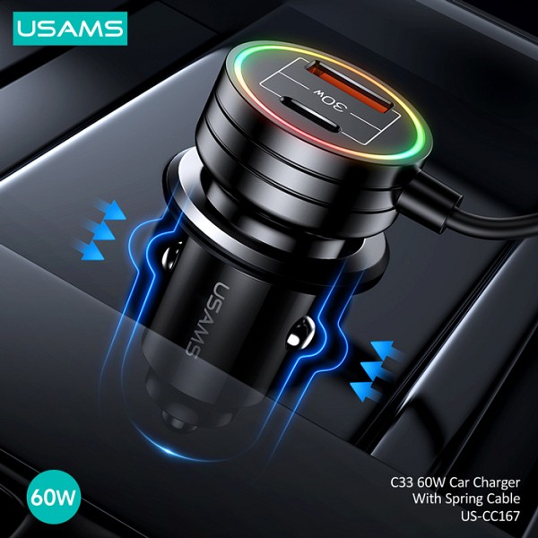USAMS φορτιστής αυτοκινήτου US-CC167 με καλώδιο, USB/USB-C, 60W, μαύρος CC167CC01