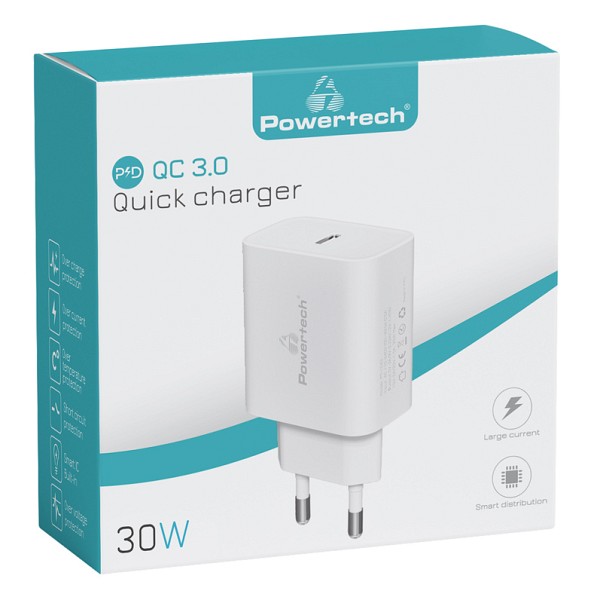 POWERTECH φορτιστής τοίχου PT-1043, USB-C, PD QC3.0, 30W, λευκός PT-1043