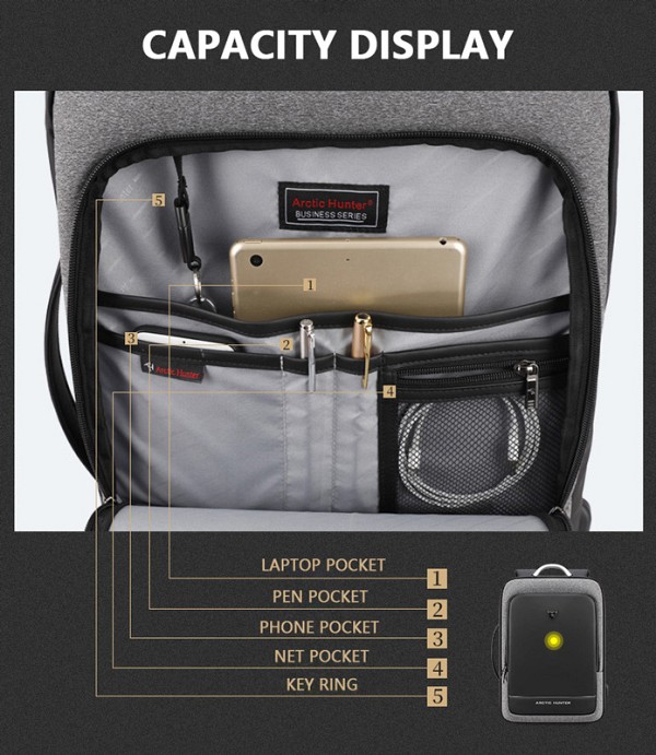 ARCTIC HUNTER τσάντα πλάτης B00227L με θήκη laptop 17, 41L, USB, μαύρη B00227L-BK