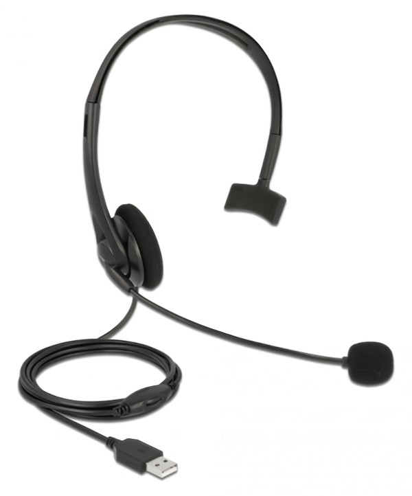 DELOCK headphones με μικρόφωνο 27177, mono, USB, volume control, μαύρα 27177