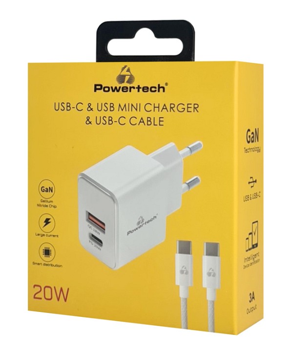 POWERTECH φορτιστής τοίχου PT-1248, καλώδιο, USB/USB-C, 20W, GaN, λευκός PT-1248