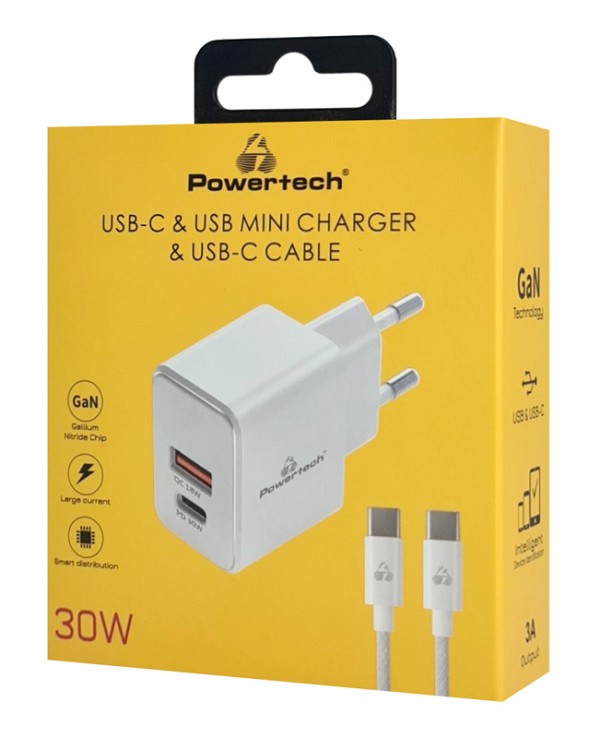 POWERTECH φορτιστής τοίχου PT-1249, καλώδιο, USB/USB-C, 30W, GaN, λευκός PT-1249