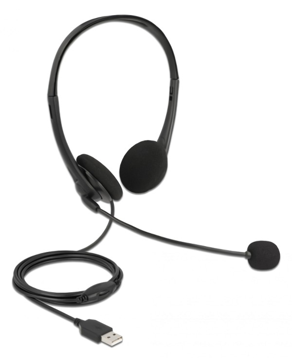DELOCK headphones με μικρόφωνο 27179, stereo, USB, volume control, μαύρα 27179