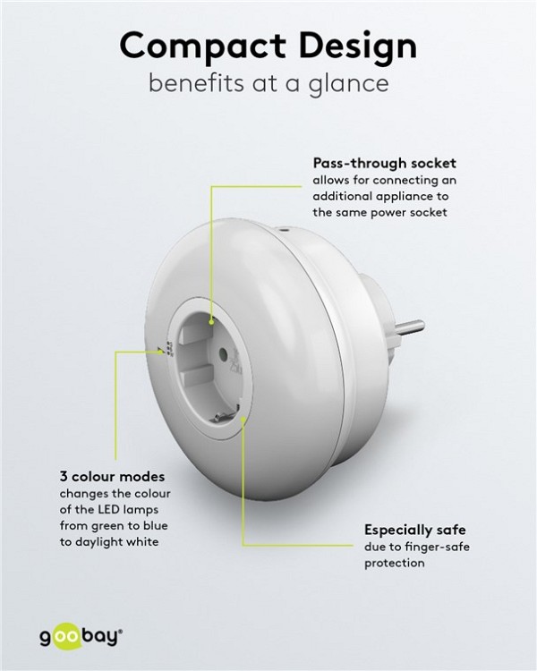 GOOBAY LED φωτιστικό νυκτός 64567, πρίζα schuko, 3 χρώματα φωτός, 6500K 64567