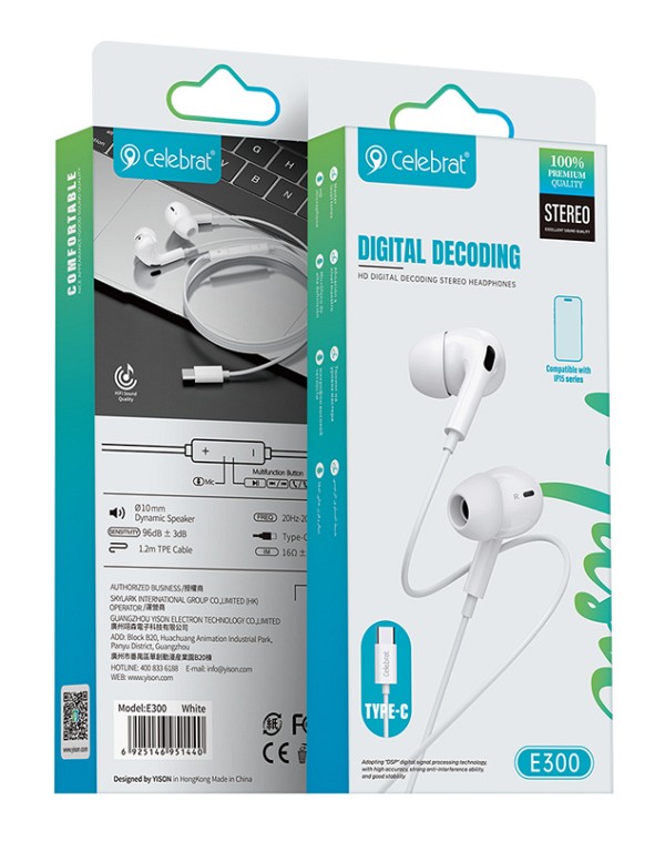 CELEBRAT earphones με μικρόφωνο E300, USB-C σύνδεση, Φ10mm, 1.2m, λευκά E300-WH